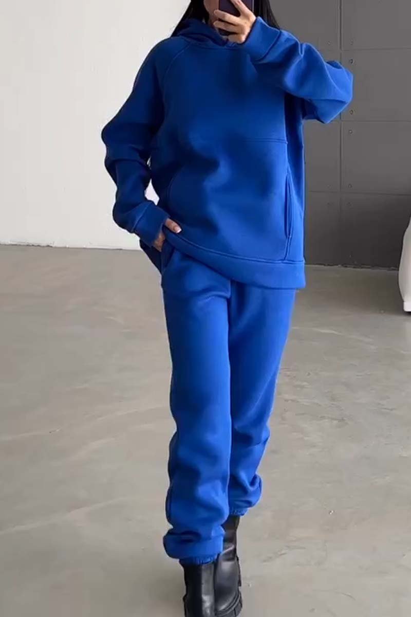 Women's casual solid color hooded sports sweatshirt suit Royal Blue