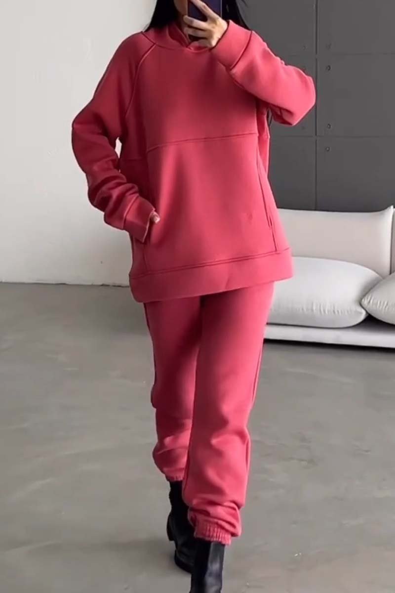 Women's casual solid color hooded sports sweatshirt suit Dark Pink