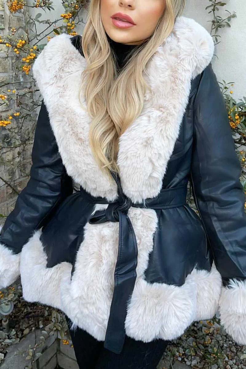 Women's fashionable hooded fur patchwork leather jacket Black Beige