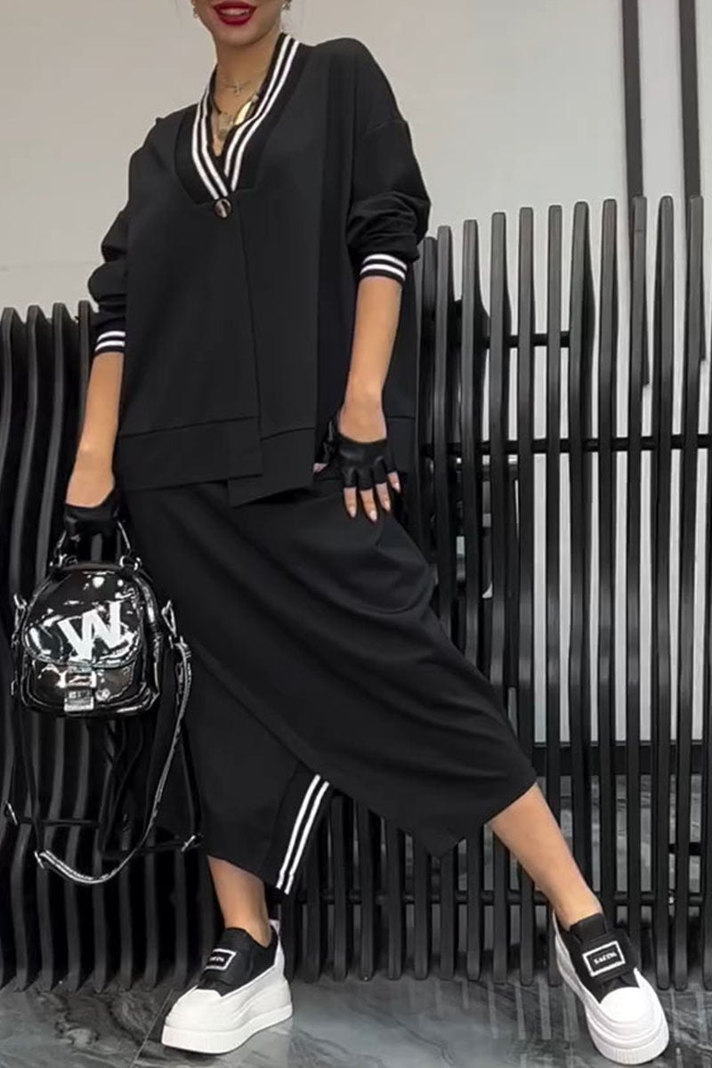 Women's V-neck Long-sleeved Top and Slit Skirt Two-piece Set black