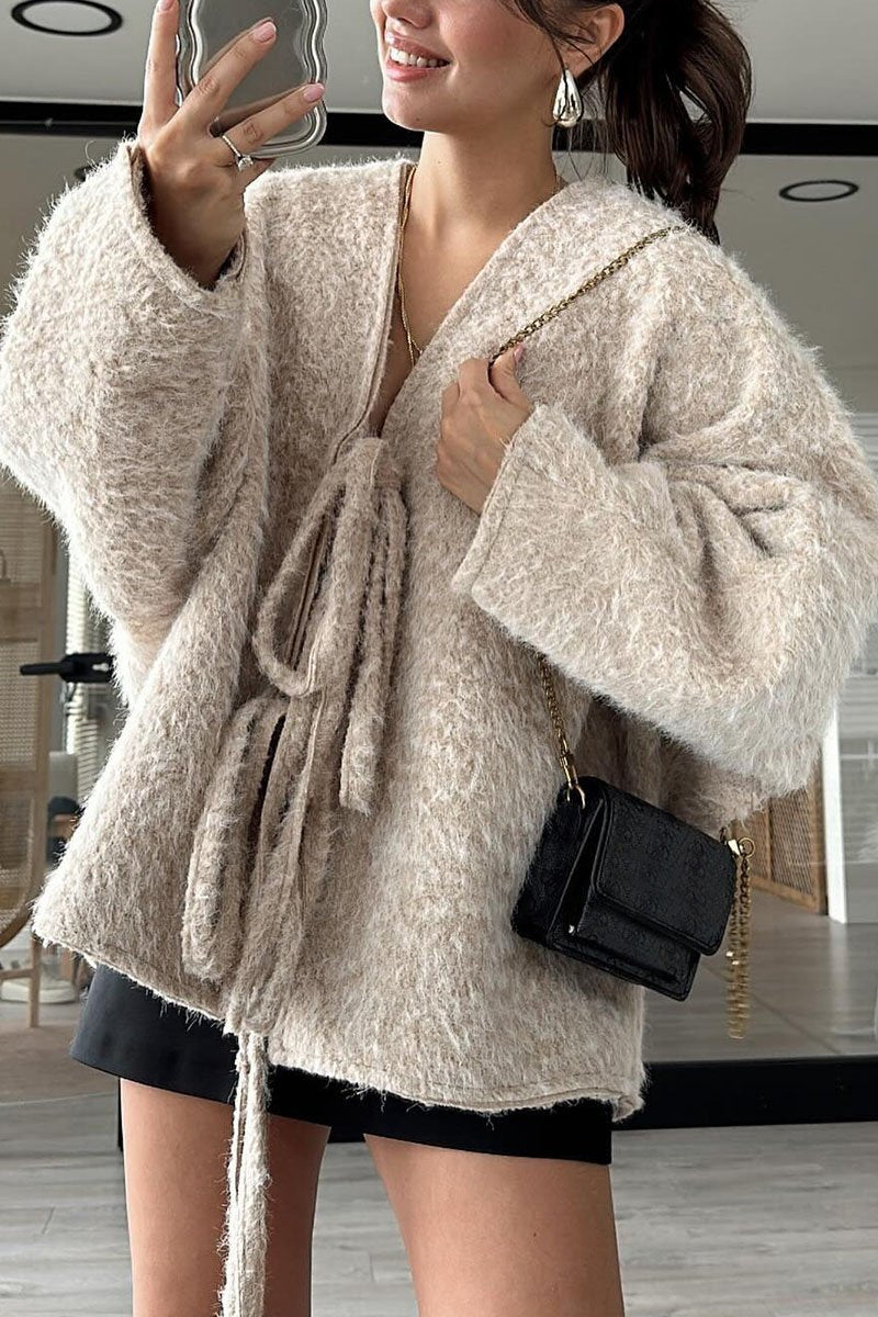 Women's Casual Solid Color Winter Tie Cardigan apricot