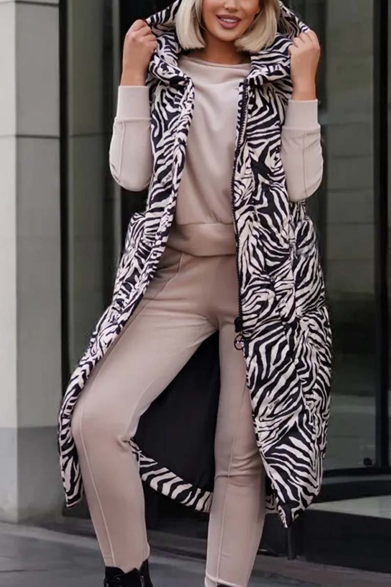 Women's Fashion Hooded Animal Print Mid-Length Sleeveless Cotton Coat Zebra Print