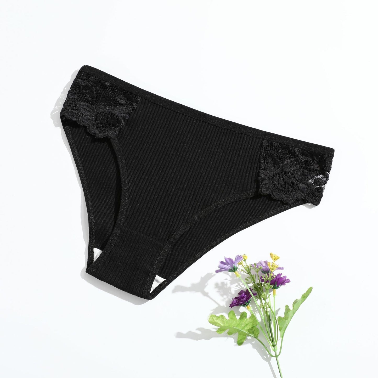 Women's Threaded Solid Color Low-rise Lace Breathable Double-stop Briefs black