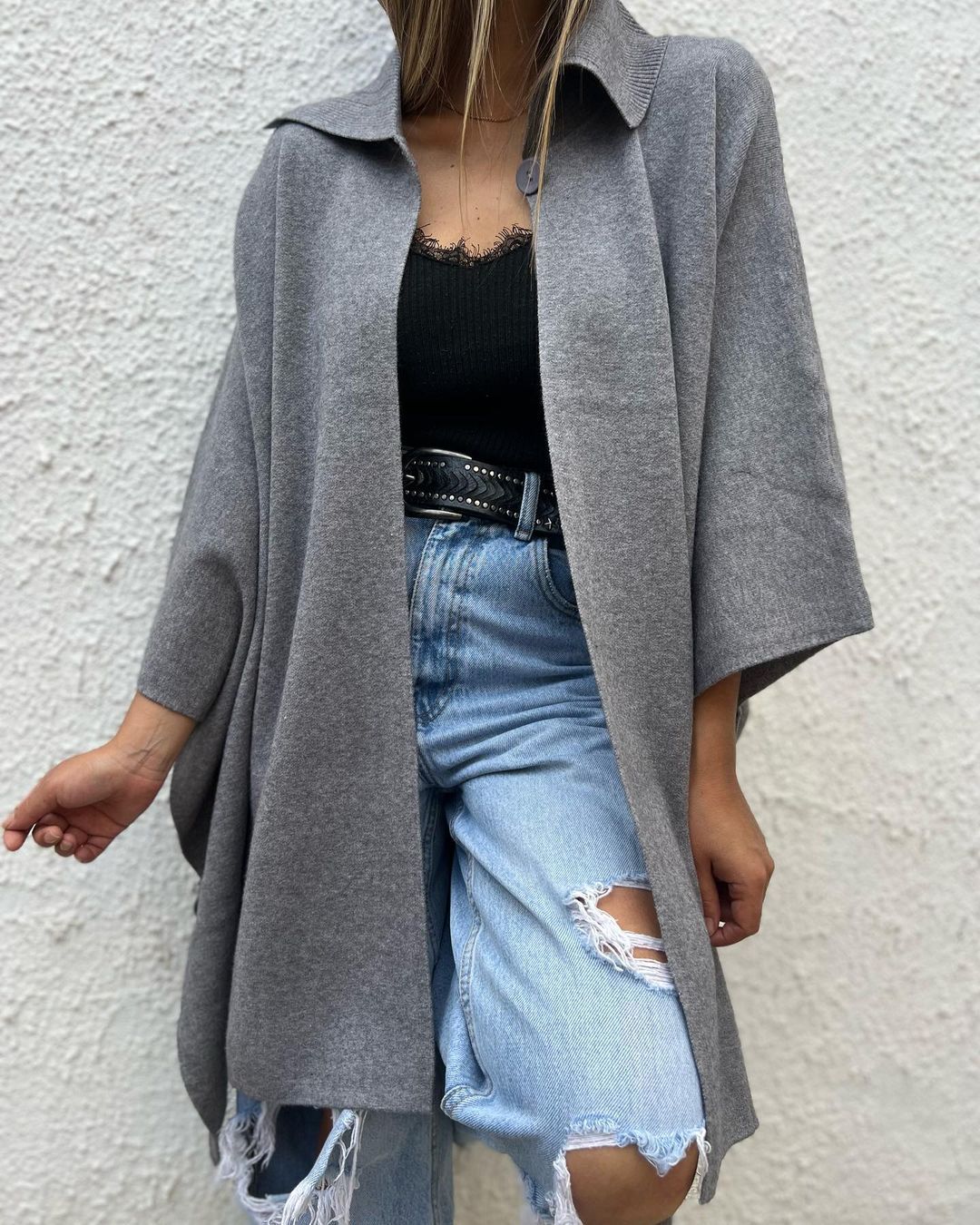 Women's Lapel Solid Color Long Sleeve Cape Jacket gray