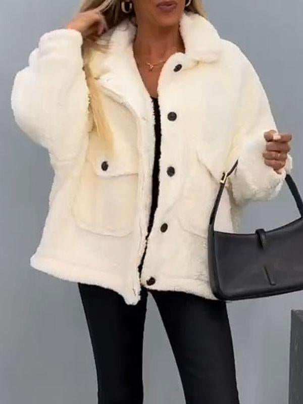 Women's Lapel Long Sleeve Plush Coat white