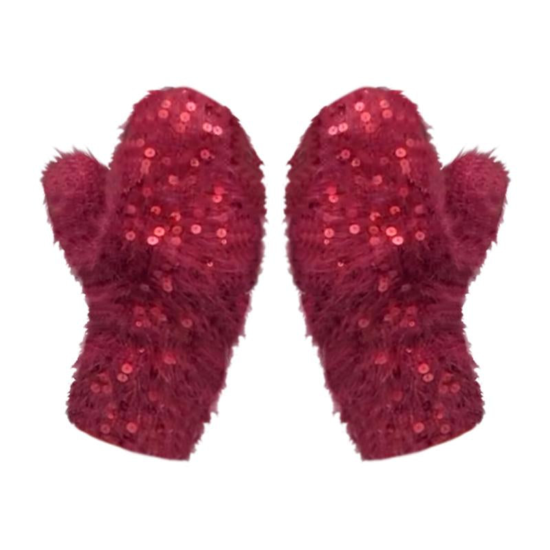 Women's Sequined Fashion Casual Autumn and Winter Knitted Hat + Gloves red M gloves