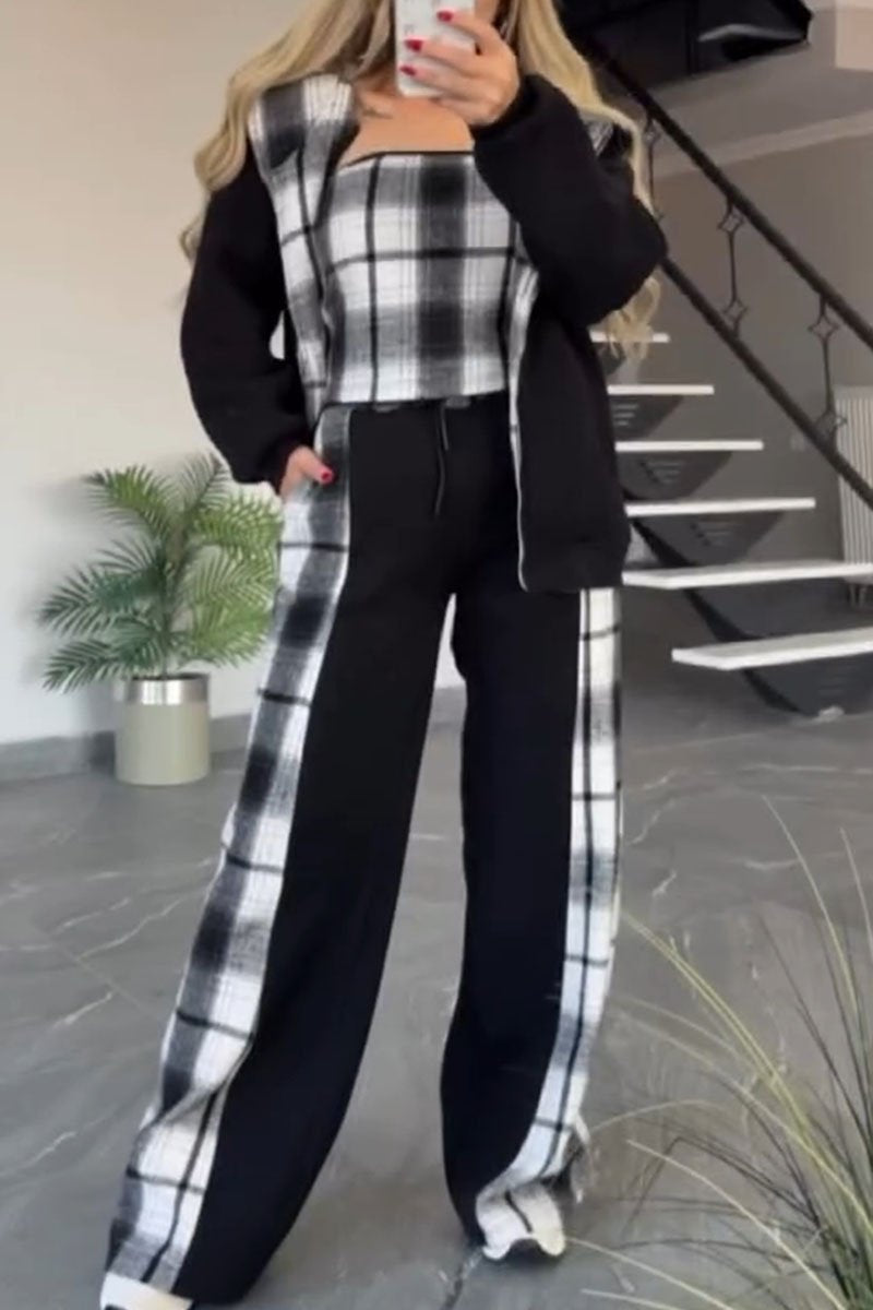 Cardigan, Tube Top and Pants Plaid Splicing Casual Three-piece Set black