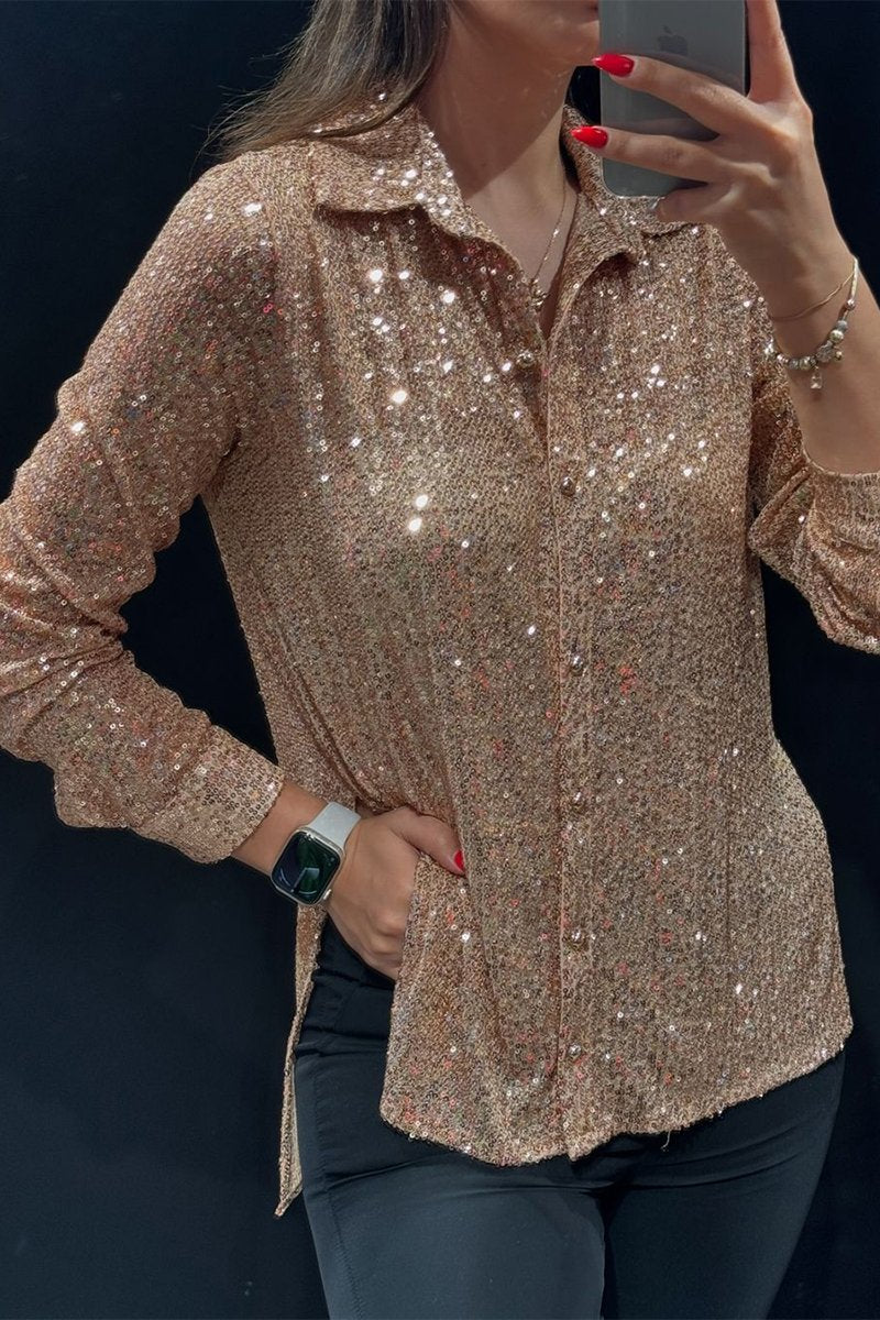 Women's Lapel Single-breasted Sequined Shirt apricot