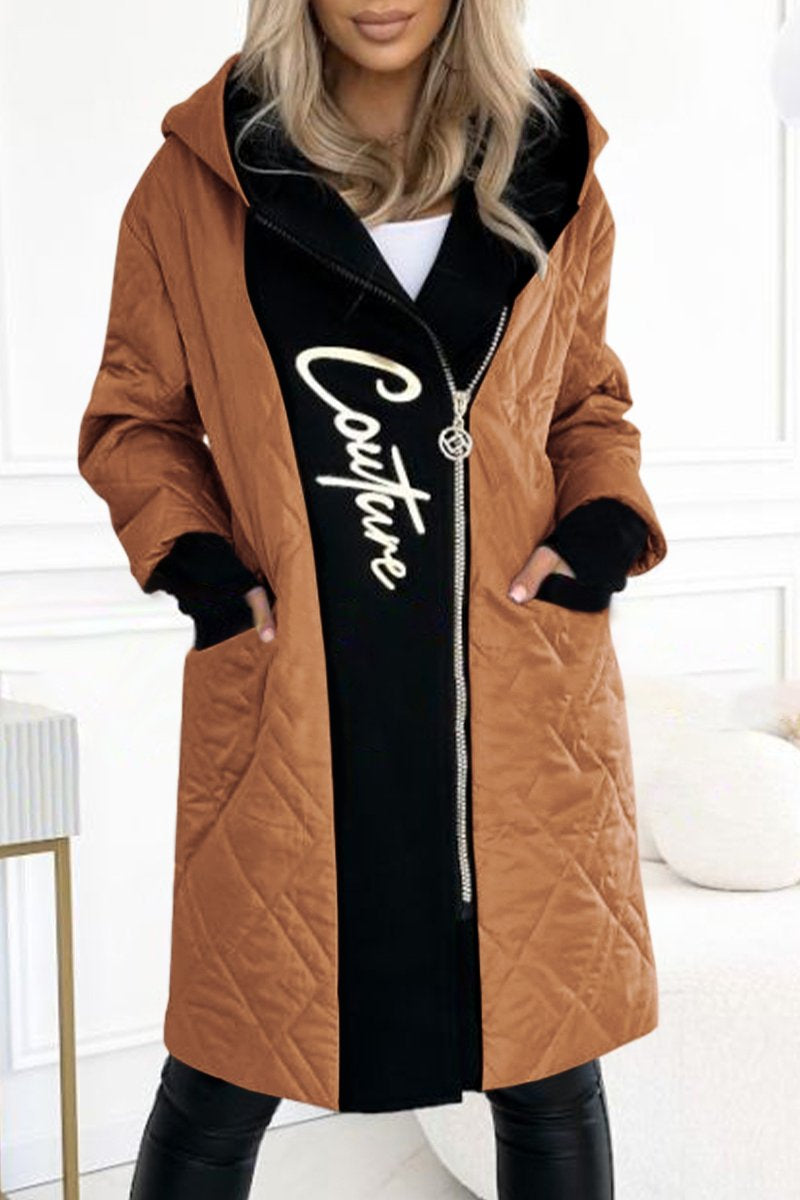 Women's Hooded Zippered Letter Print Long Coat brown