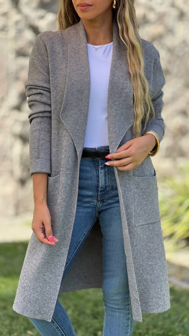 Women's Solid Color Lapel Mid-length Jacket Gray