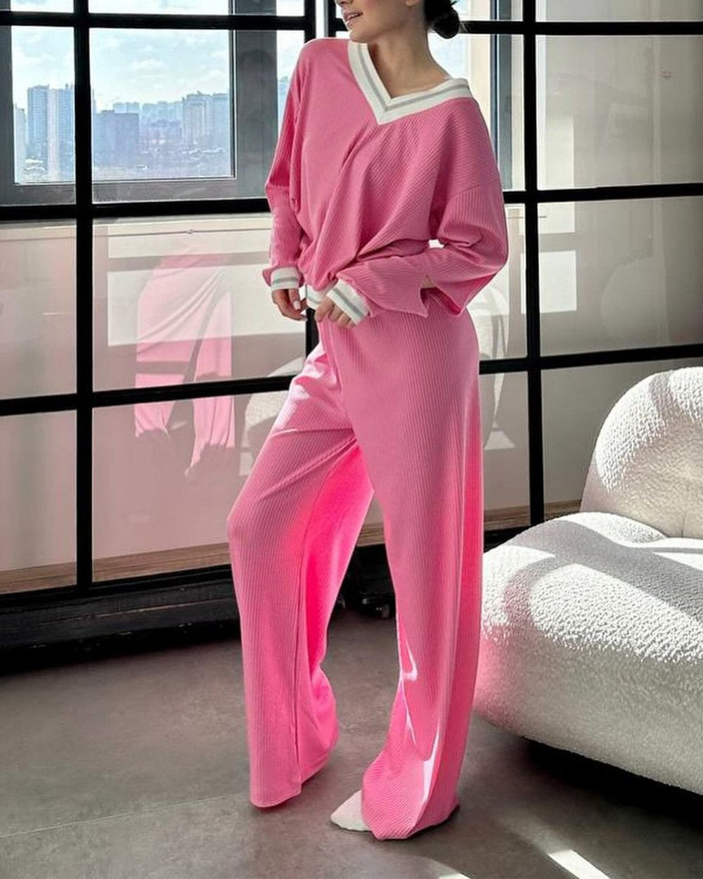 Women's Contrasting Color V-neck Top Casual Suit Pink