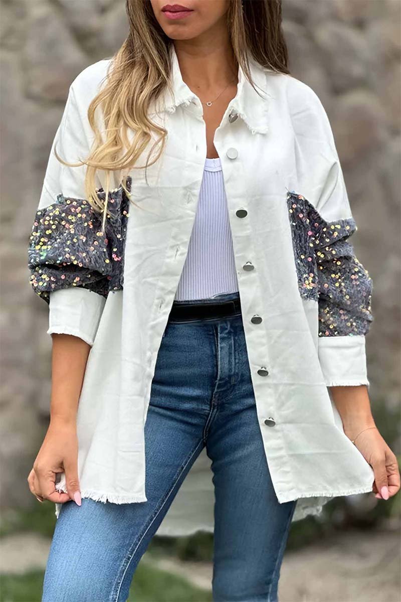 Women's Casual Sequin Patchwork Shirt White