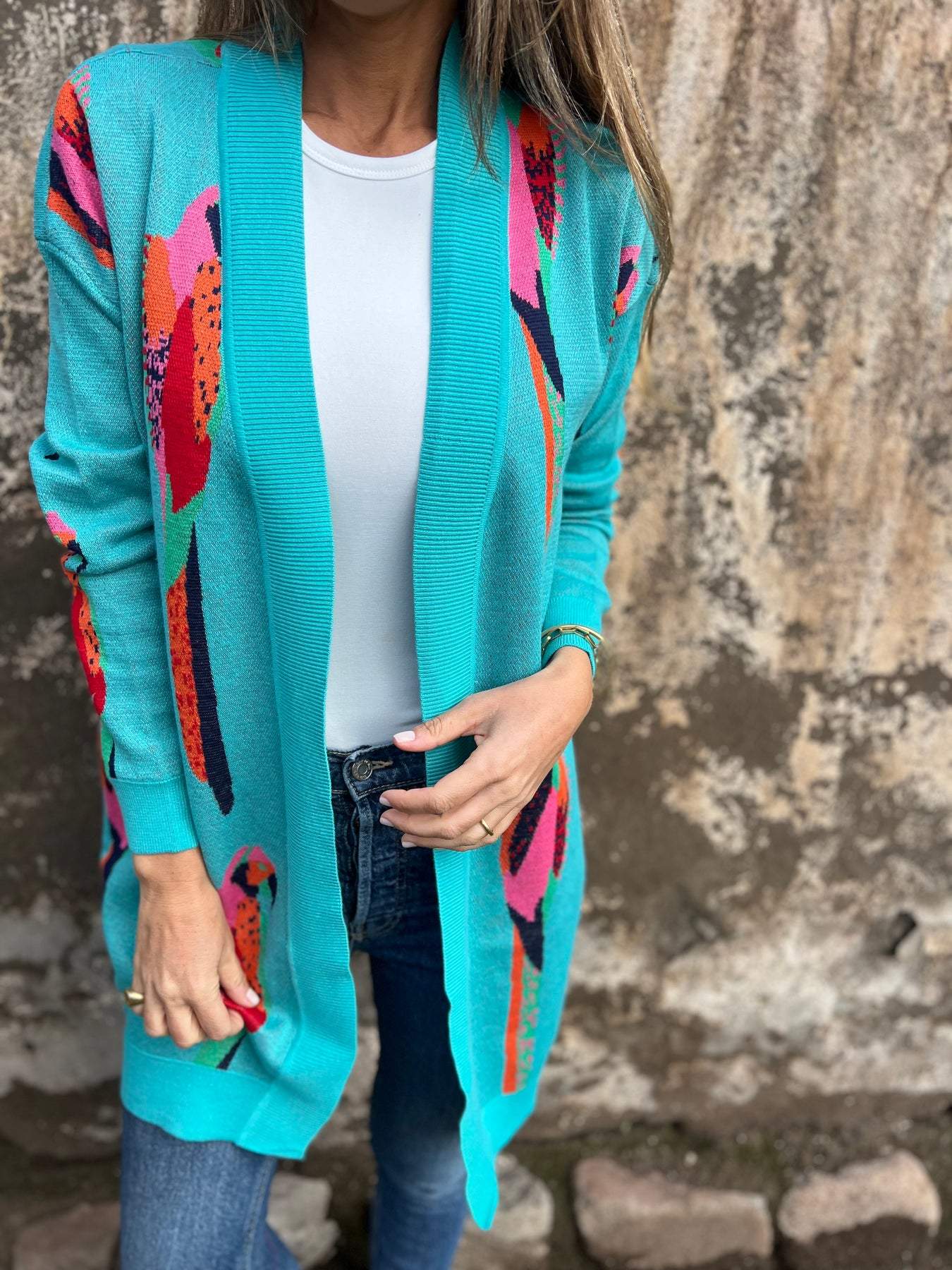 Women's V-neck Long-sleeved Knitted Printed Casual Jacket blue