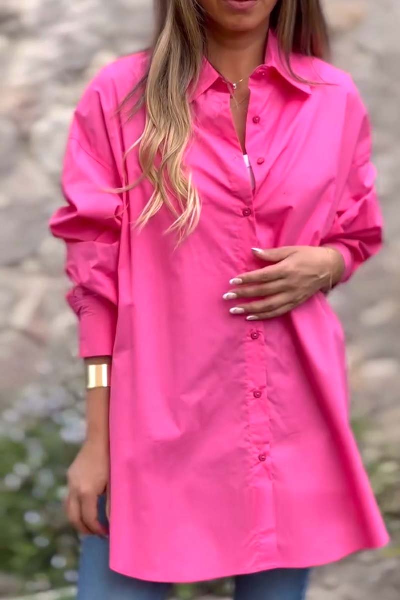 Women's Casual Solid Color Lapel Shirt Rose Red