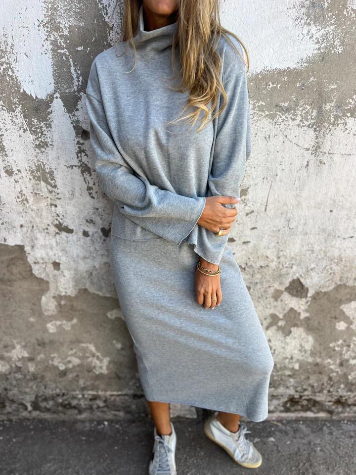 Casual Stand Collar Two Piece Skirt Suit grey