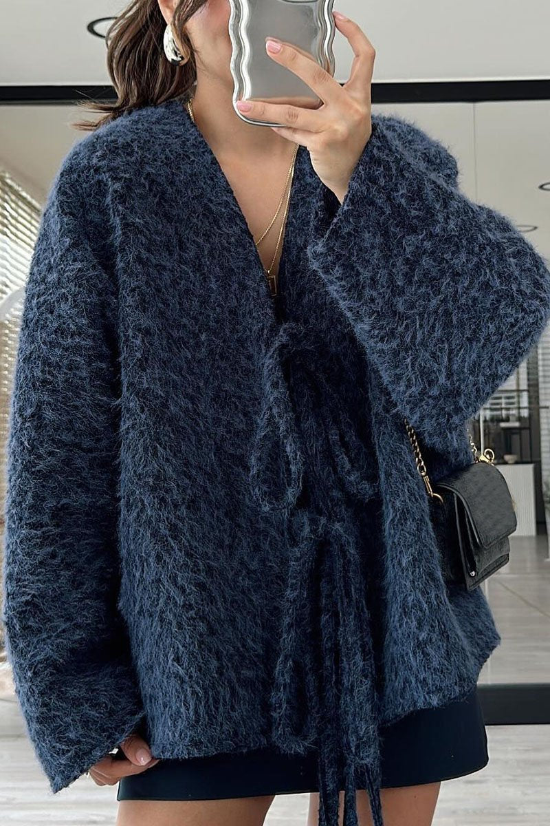 Women's Casual Solid Color Winter Tie Cardigan navy