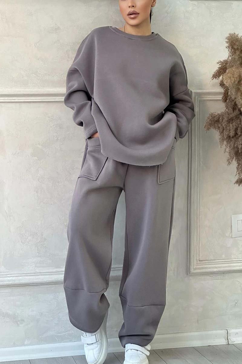 Women's Casual Solid Color Round Neck Long Sleeve Sweatshirt Sports Suit Gray