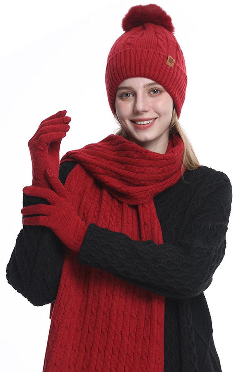 Knitted Hat, Double-layer Fleece Warm Wool Scarf, Gloves, Three-piece Set red One size