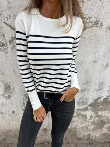 Casual Round Neck Striped Top White