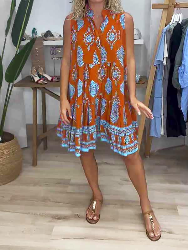 Women's V-neck Printed Short Dress orange