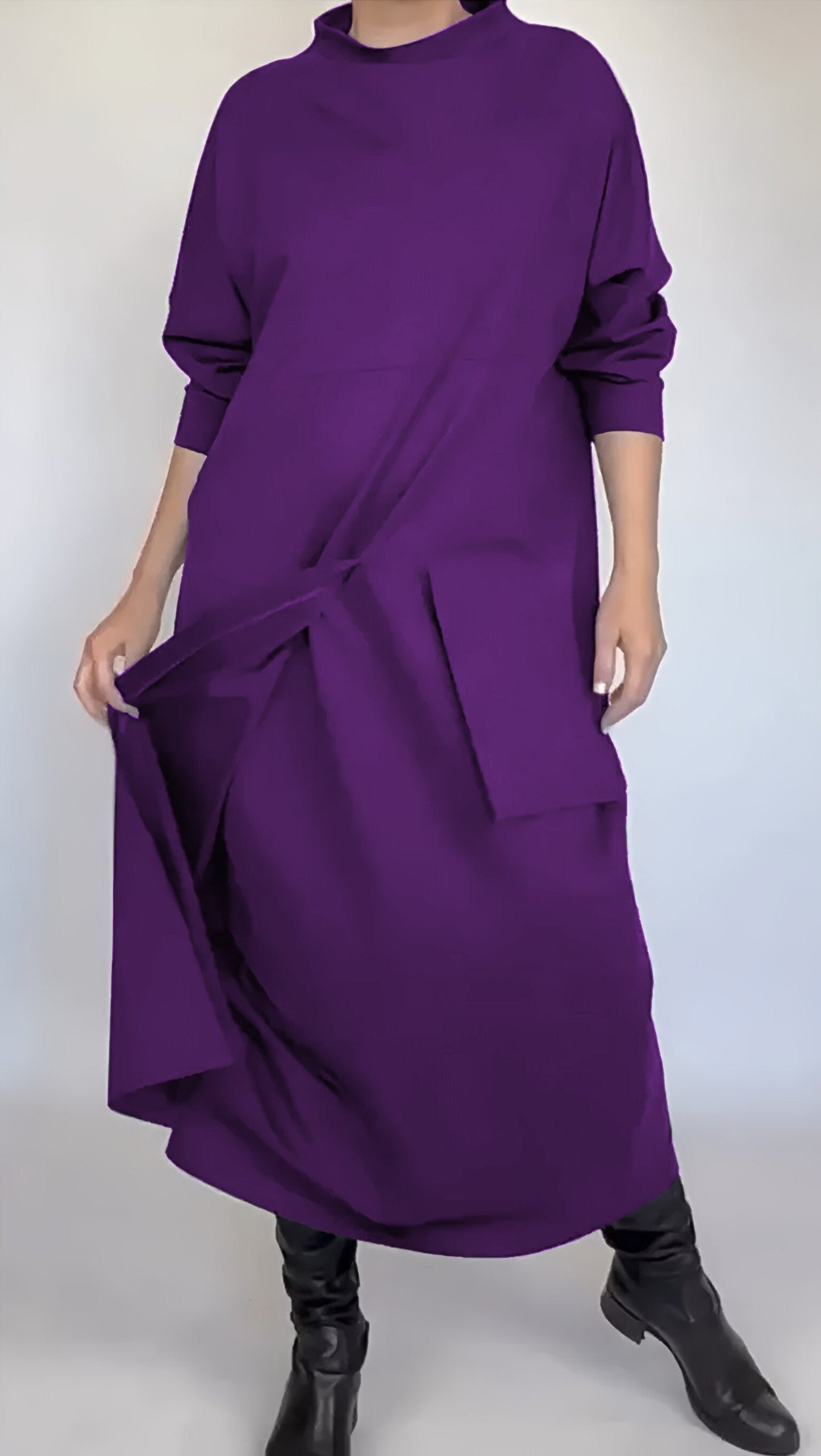 Women's Crew-neck One-pocket Dress purple