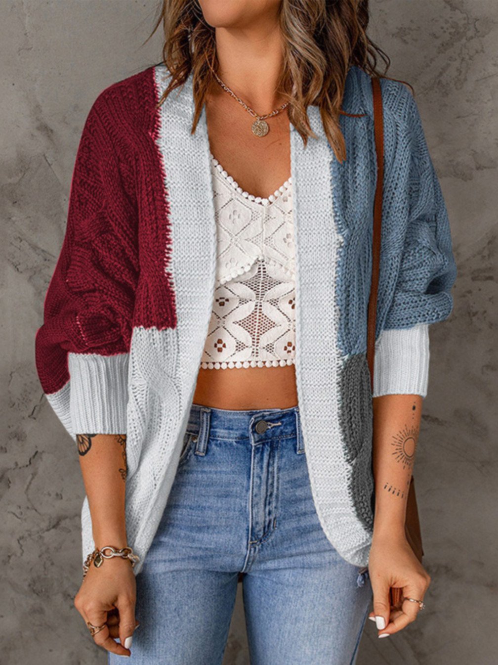 Women's Casual Colorblock Knitted Cardigan wine