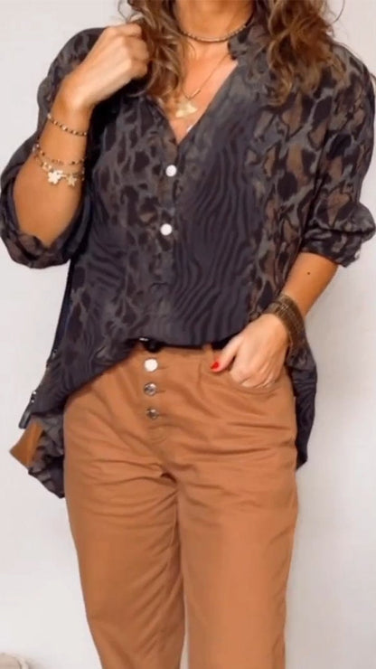 Women's V-neck Leopard Print Mid-sleeve Casual Top Brown