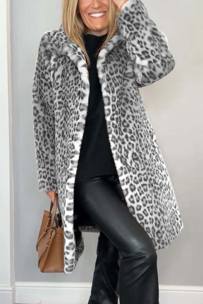 Women's Fashionable Leopard Lapel Faux Fur Winter Mid-Length Coat Gray