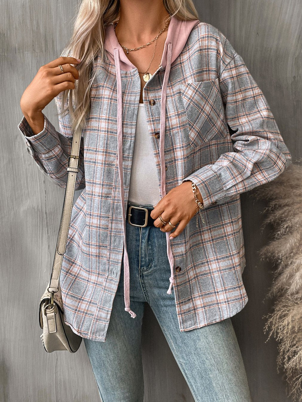 Women's Loose Plaid Casual Hooded Shirt Grey