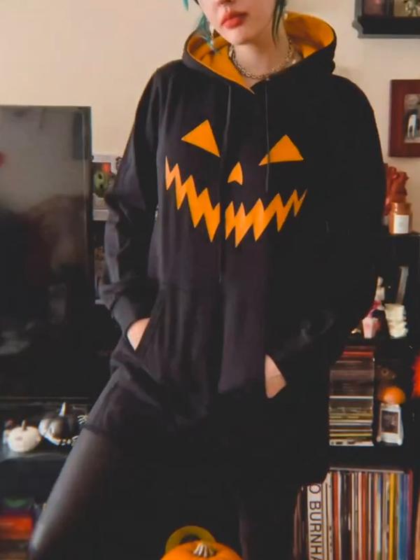 Women's Halloween Pumpkin Face Printed Hooded Sweatshirt