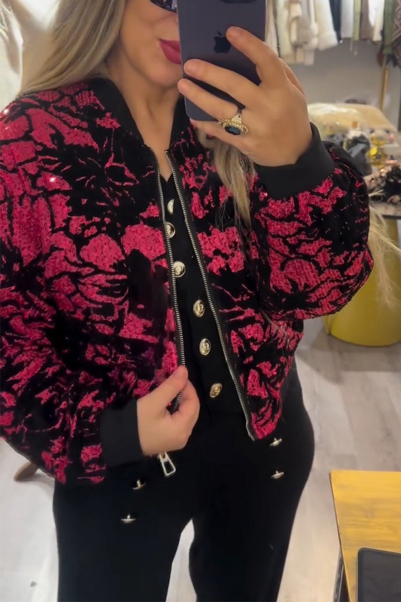 Women's Casual Round Neck Sequined Printed Jacket