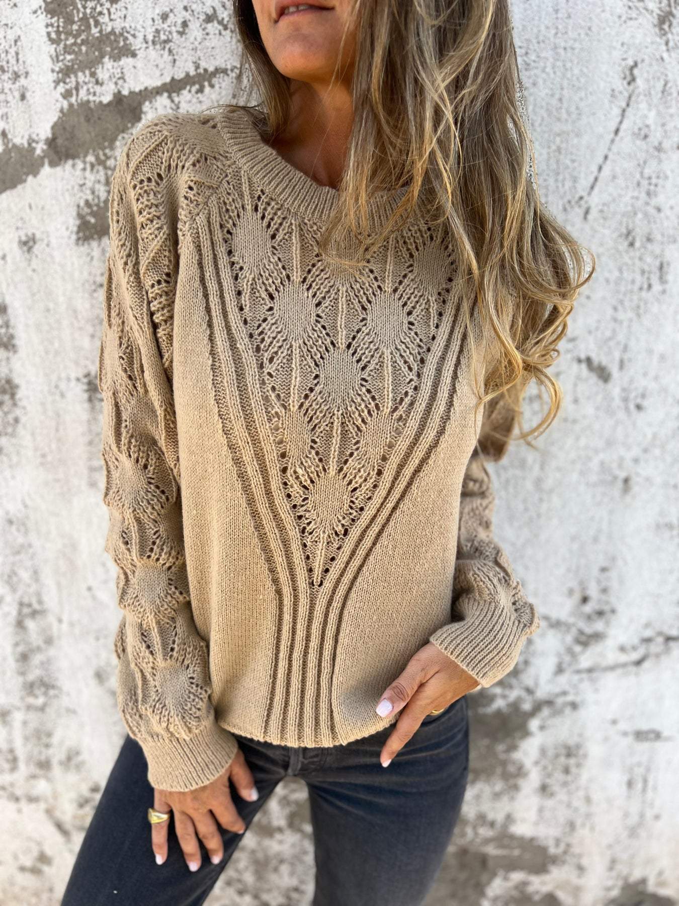 Casual Round Neck Hollow Knit Top khaki