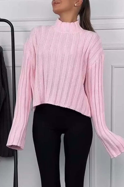 Women's Casual Wide Stripe Solid Color Short Sweater Pink