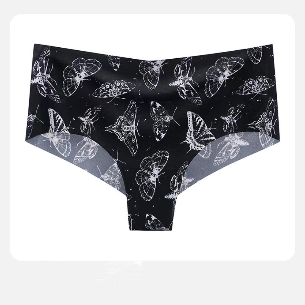 Women's Trackless Plus Size Printed Mid-rise Sports Briefs Black butterfly