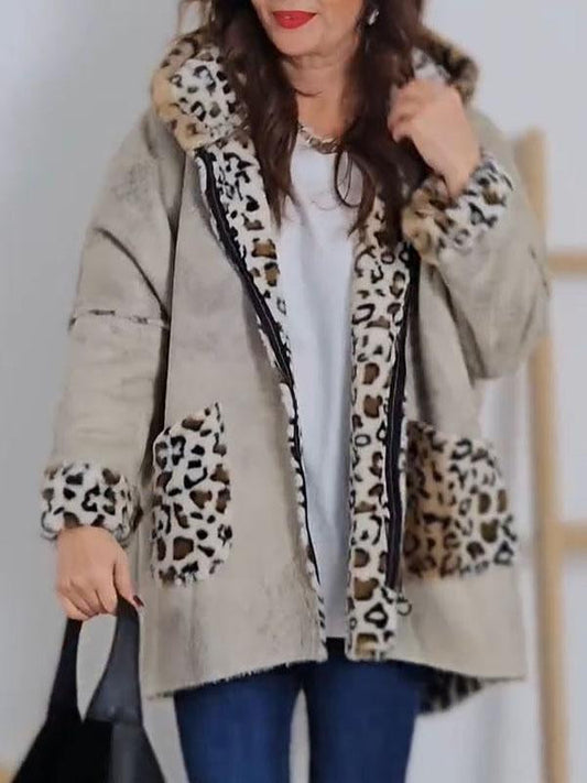 Women's Leopard Print Patchwork Hooded Coat taupe