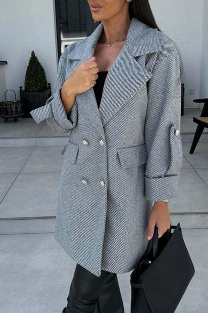 Women's Solid Color Double Breasted Coat Jacket Gray