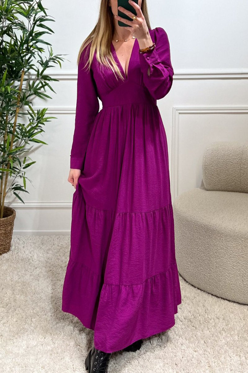 Women's Casual Solid V-Neck Long Sleeve Dress