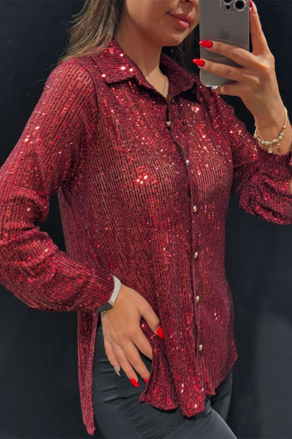 Women's Lapel Single-breasted Sequined Shirt