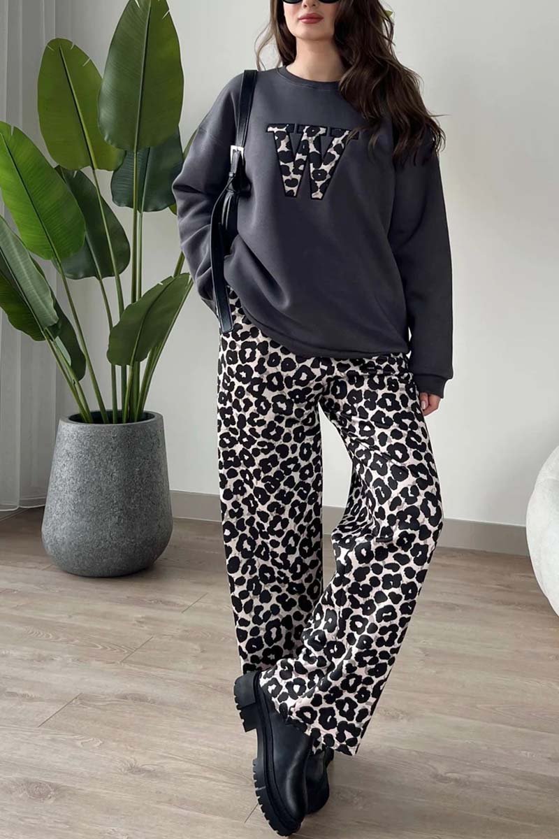 Women's Casual Leopard Print Letter Top and Leopard Print Pants Set Dark Gray