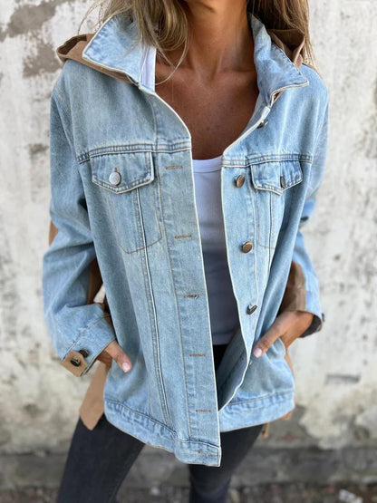 Casual Lapel Hooded Patchwork Denim Jacket