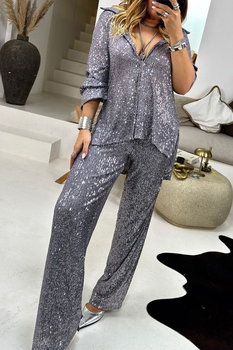 Women's Lapel Mid Sleeve Sequined Casual Suit gray