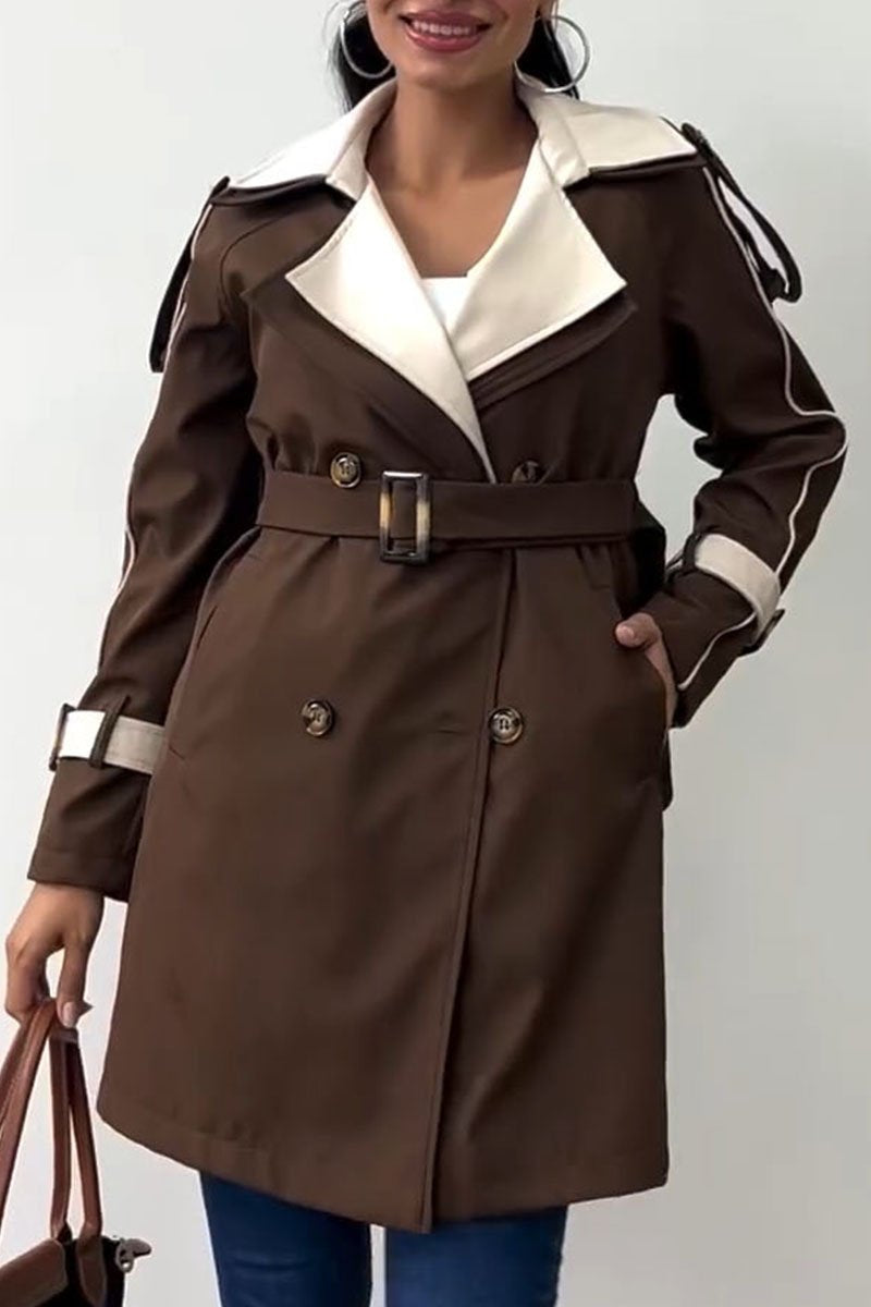 Women's Lapel Patchwork Long Coat brown