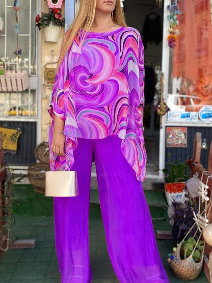 Women Colorful Chiffon Set Summer Casual Crew Neck Printed Two Piece Suit purple