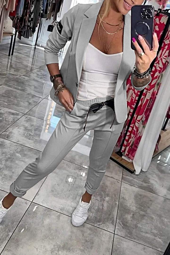 Women's Top Jacket & Elastic Pants Two-piece Set Grey