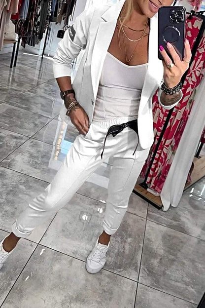 Women's Top Jacket & Elastic Pants Two-piece Set White