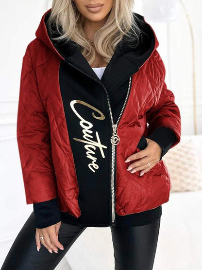 Women's Hooded Zipper Stitching Contrast Color Letter Print Casual Cotton Coat red