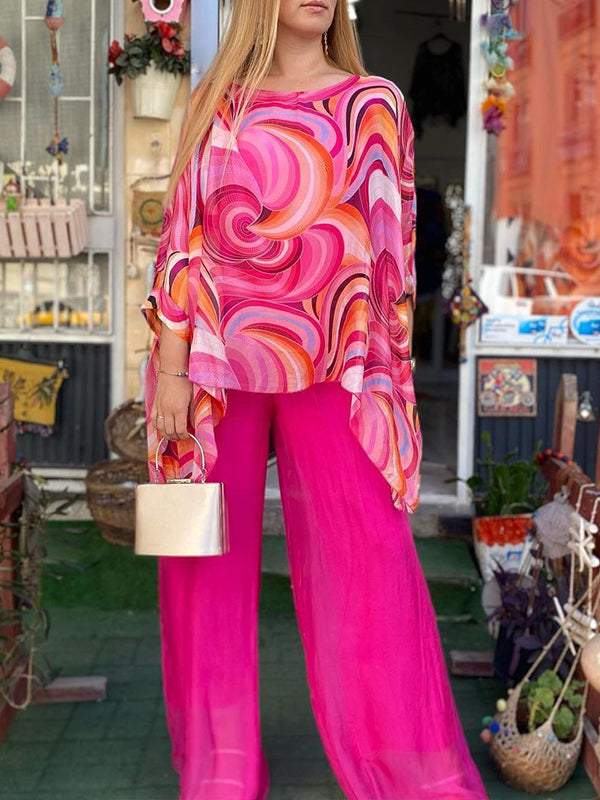 Women Colorful Chiffon Set Summer Casual Crew Neck Printed Two Piece Suit pink