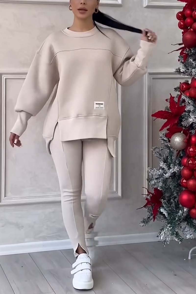 Women's Casual Solid Color Round Neck Long Sleeve Slit Hem Sweatshirt Leggings Set Apricot