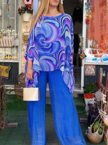 Women Colorful Chiffon Set Summer Casual Crew Neck Printed Two Piece Suit blue