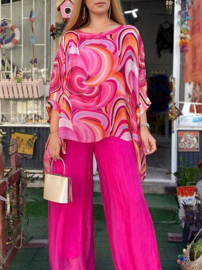 Women Colorful Chiffon Set Summer Casual Crew Neck Printed Two Piece Suit